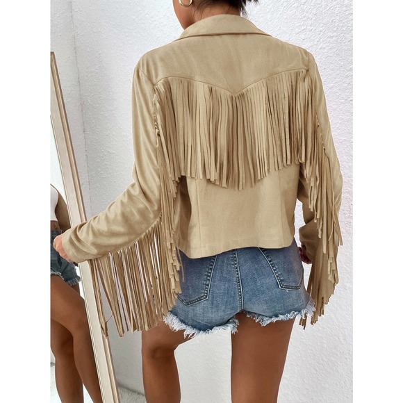 boho cowboy Fringe Trim Open Front Jacket vegan suede hot pink - Picture 6 of 11